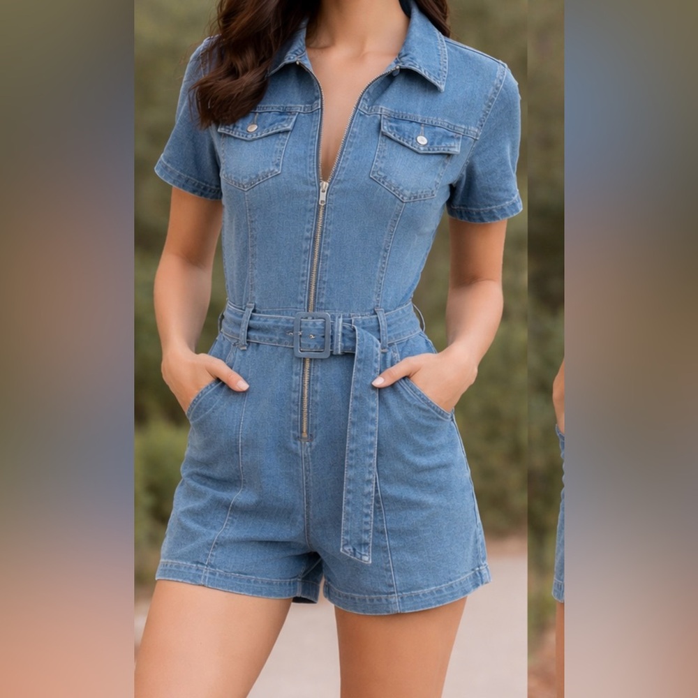 Women's Light Blue Denim Short-Sleeve Zip Romper with Belt